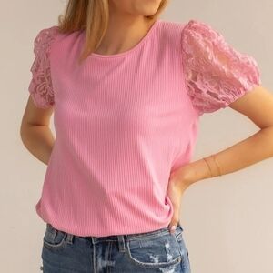 Pink Ribbed Tee With Lace Puff Sleeve